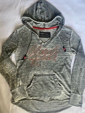 Hard Rock Y2K Rhinestone Burnout Hoodie Thumbhole Lightweight Grunge Women M